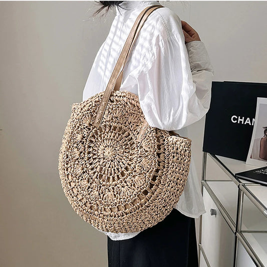 Sac de plage paille rond vacation beige bohème - Maison Masy