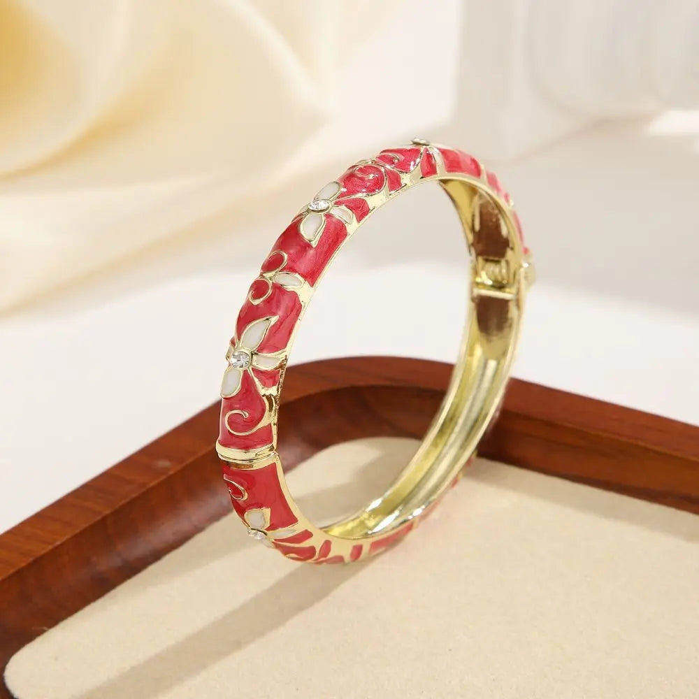 Encrusted Enamel Dropped Glaze Bangle Classic Hollowed-Out Cloisonne Bracelet Elegant Retro Enamel Bracelet Women Gifts