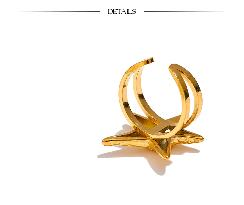 Yhpup 316L Stainless Steel Starfish Open Ring Adjustable 18K Gold PVD Plated Metal Summer Personalized Jewelry for Holiday