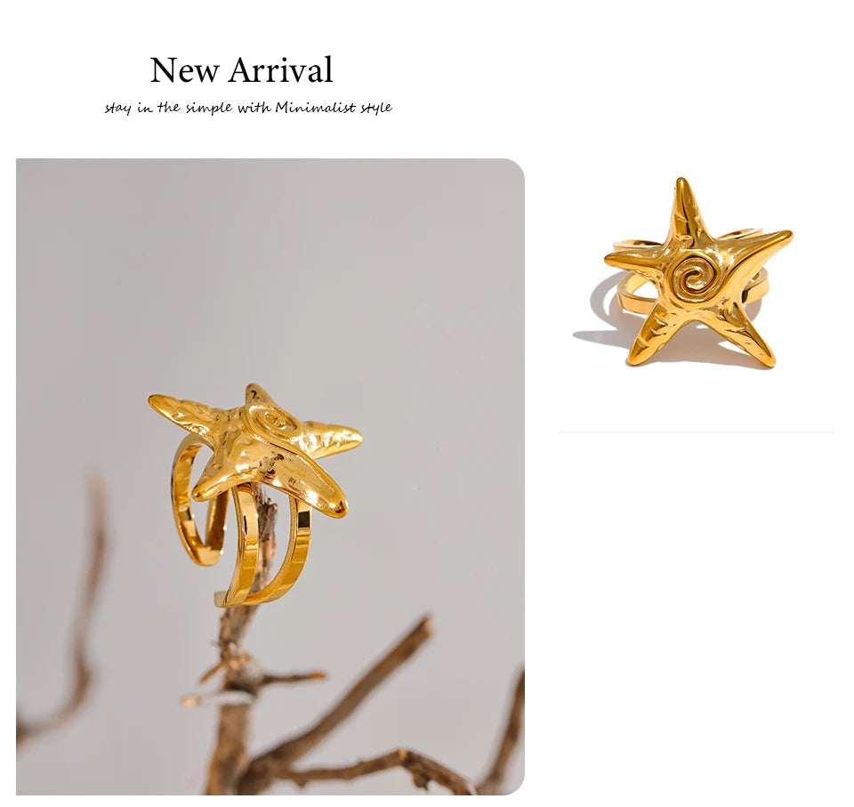 Yhpup 316L Stainless Steel Starfish Open Ring Adjustable 18K Gold PVD Plated Metal Summer Personalized Jewelry for Holiday