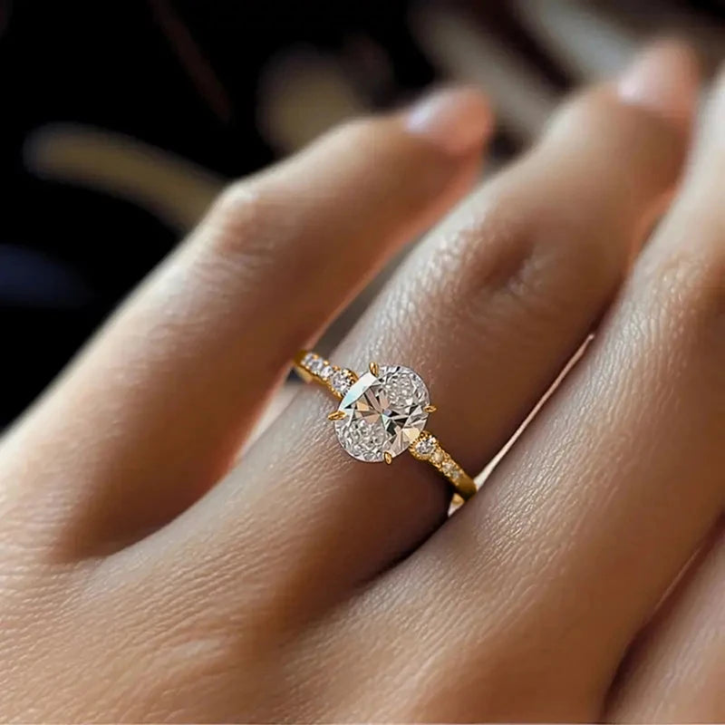Huitan Classic Oval Cubic Zirconia Wedding Rings for Women Gold Color Temperament Elegant Lady Engagement Rings Eternity Jewelry