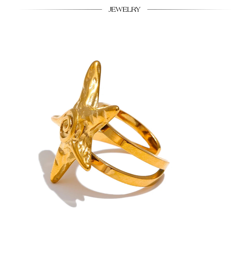 Yhpup 316L Stainless Steel Starfish Open Ring Adjustable 18K Gold PVD Plated Metal Summer Personalized Jewelry for Holiday