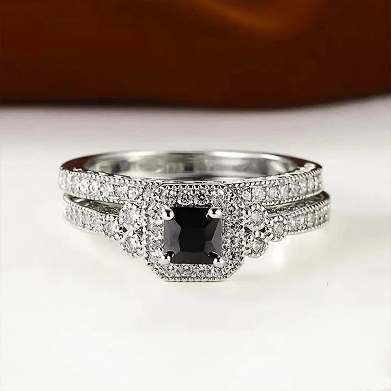 Huitan Princess White/Black Set Rings for Women 2Pcs Luxury Cubic Zircon Wedding Accessories Temperament Elegant Female Jewelry