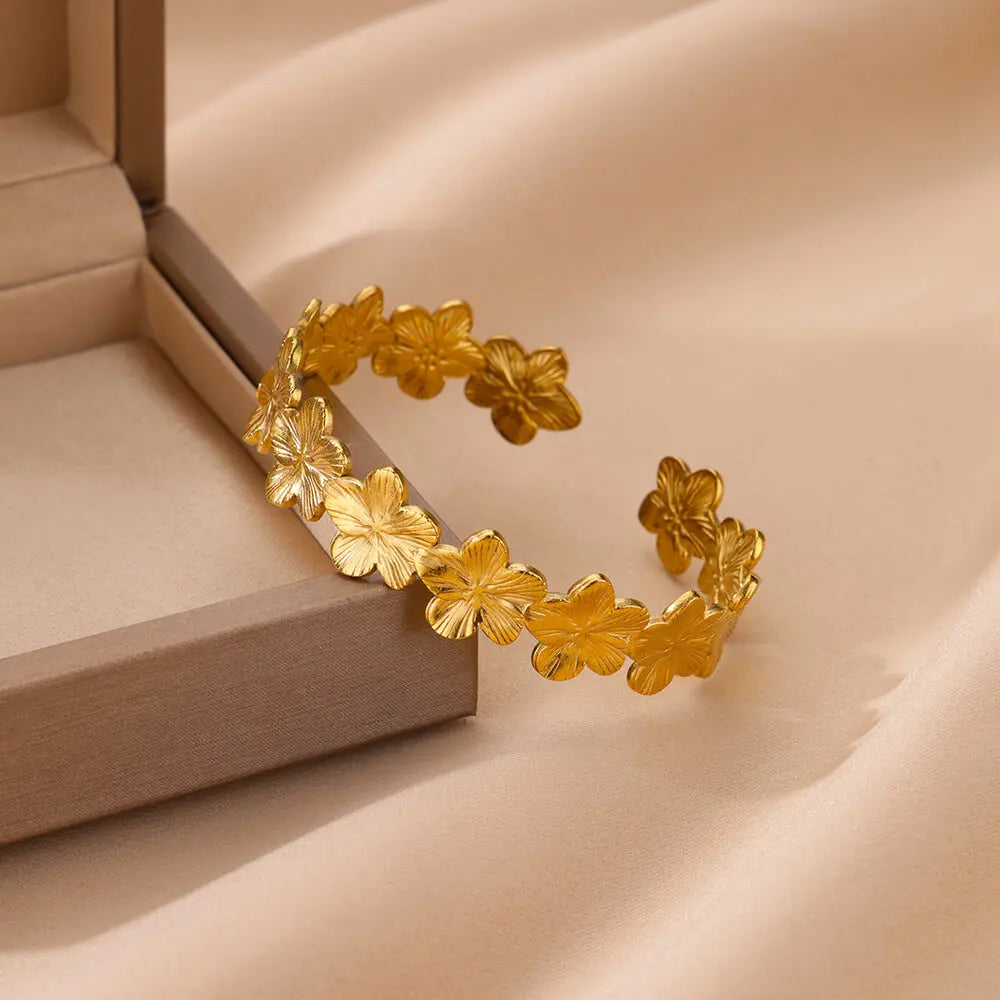 Bracelet Jonc Fleur Acier Doré