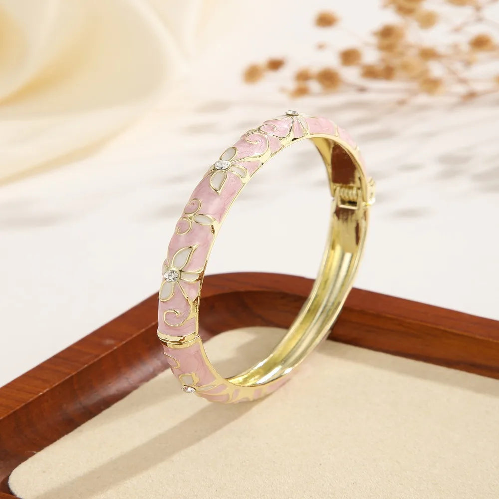 Encrusted Enamel Dropped Glaze Bangle Classic Hollowed-Out Cloisonne Bracelet Elegant Retro Enamel Bracelet Women Gifts