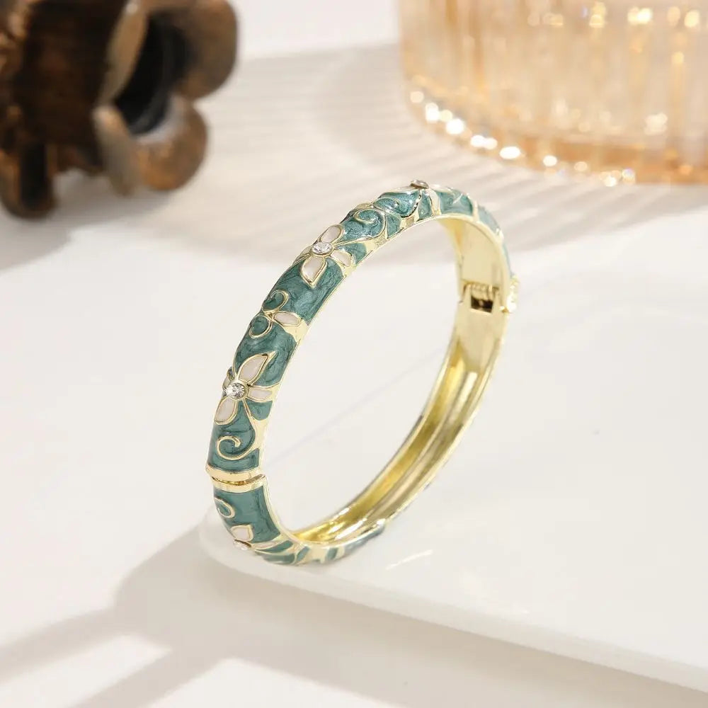 Encrusted Enamel Dropped Glaze Bangle Classic Hollowed-Out Cloisonne Bracelet Elegant Retro Enamel Bracelet Women Gifts