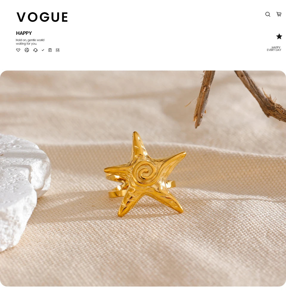 Yhpup 316L Stainless Steel Starfish Open Ring Adjustable 18K Gold PVD Plated Metal Summer Personalized Jewelry for Holiday