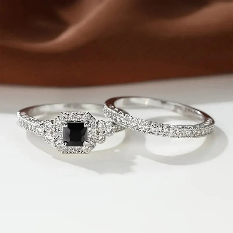 Huitan Princess White/Black Set Rings for Women 2Pcs Luxury Cubic Zircon Wedding Accessories Temperament Elegant Female Jewelry