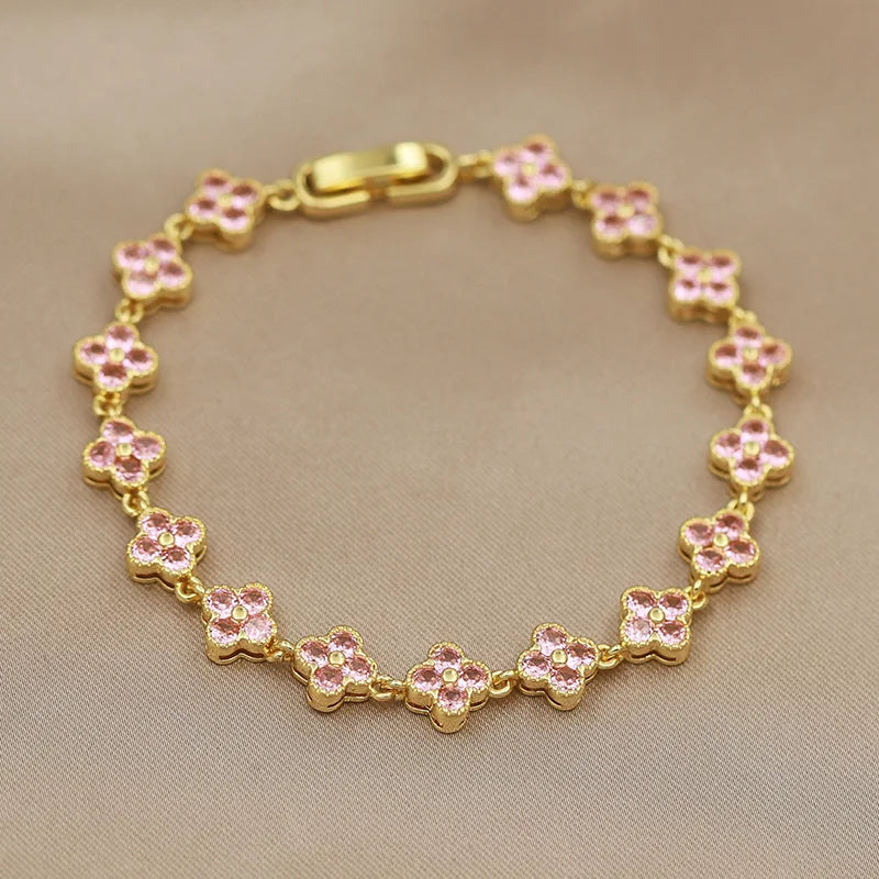 316L Classic Multicolor Crystal Flower Bracelets for Women Luxury Zirconia Bracelets Wrist Jewelry