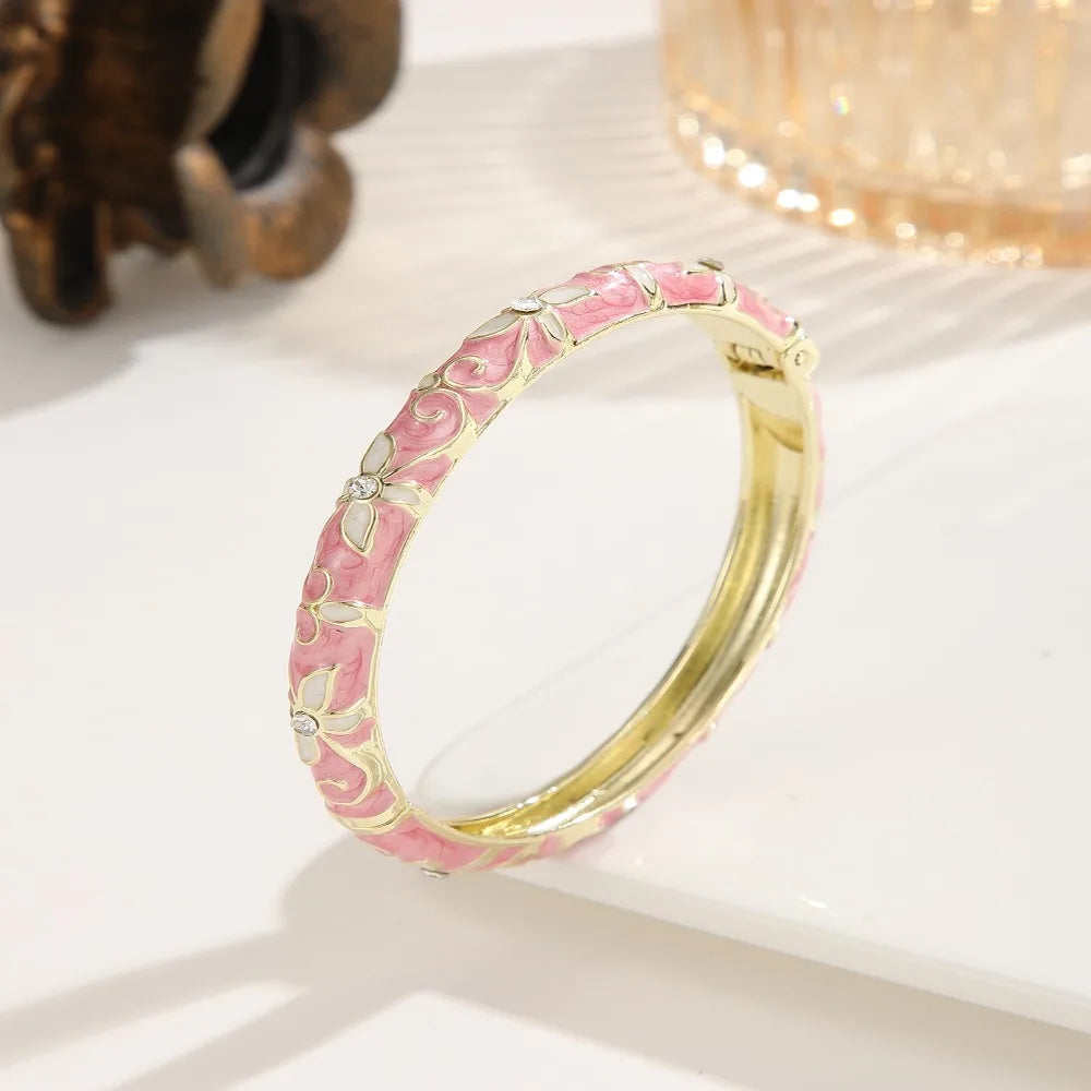 Encrusted Enamel Dropped Glaze Bangle Classic Hollowed-Out Cloisonne Bracelet Elegant Retro Enamel Bracelet Women Gifts
