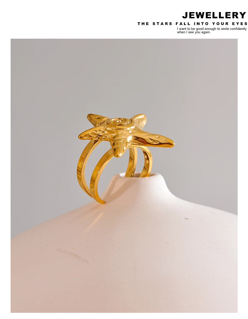 Yhpup 316L Stainless Steel Starfish Open Ring Adjustable 18K Gold PVD Plated Metal Summer Personalized Jewelry for Holiday