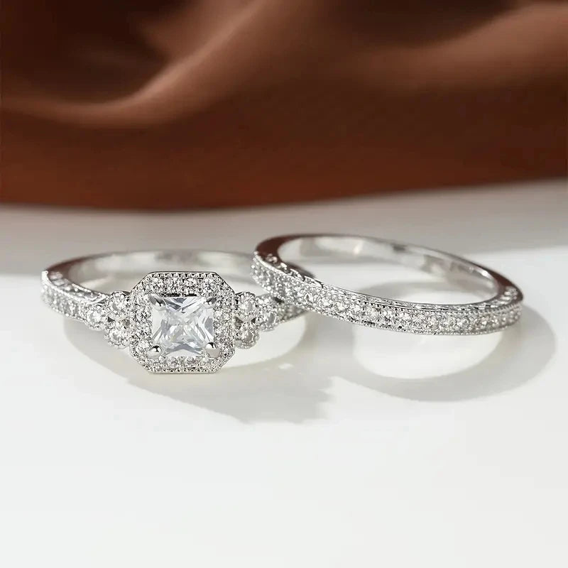 Huitan Princess White/Black Set Rings for Women 2Pcs Luxury Cubic Zircon Wedding Accessories Temperament Elegant Female Jewelry