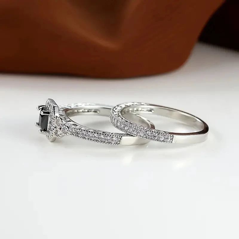Huitan Princess White/Black Set Rings for Women 2Pcs Luxury Cubic Zircon Wedding Accessories Temperament Elegant Female Jewelry