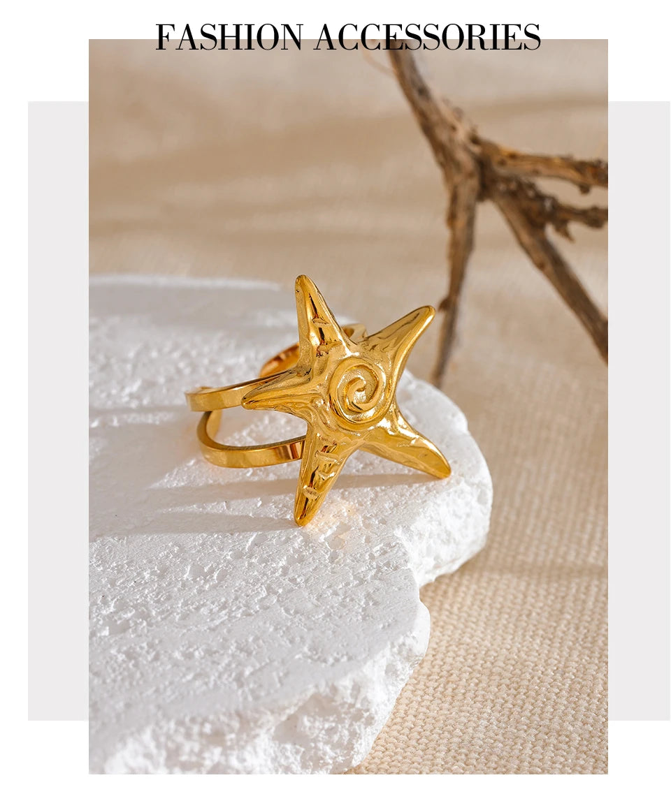 Yhpup 316L Stainless Steel Starfish Open Ring Adjustable 18K Gold PVD Plated Metal Summer Personalized Jewelry for Holiday
