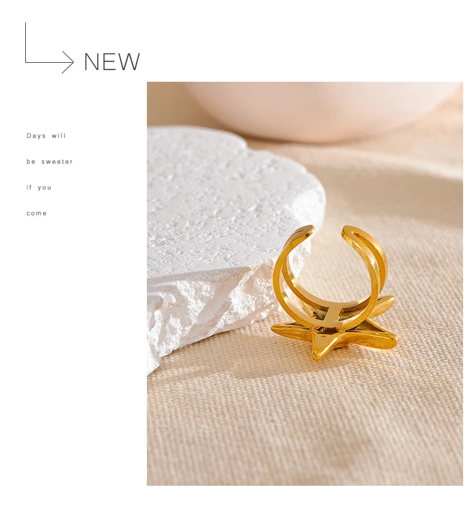 Yhpup 316L Stainless Steel Starfish Open Ring Adjustable 18K Gold PVD Plated Metal Summer Personalized Jewelry for Holiday