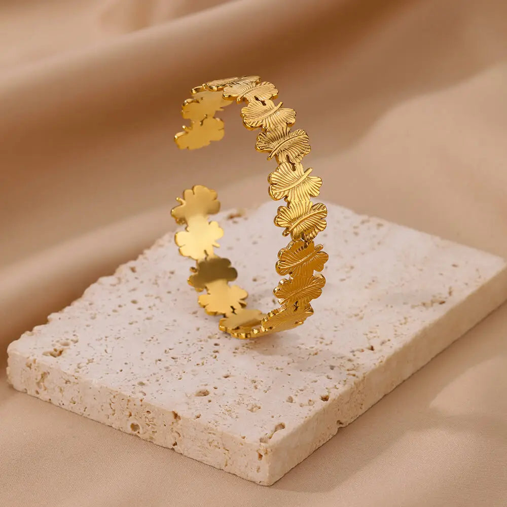 Bracelet Jonc Fleur Acier Doré