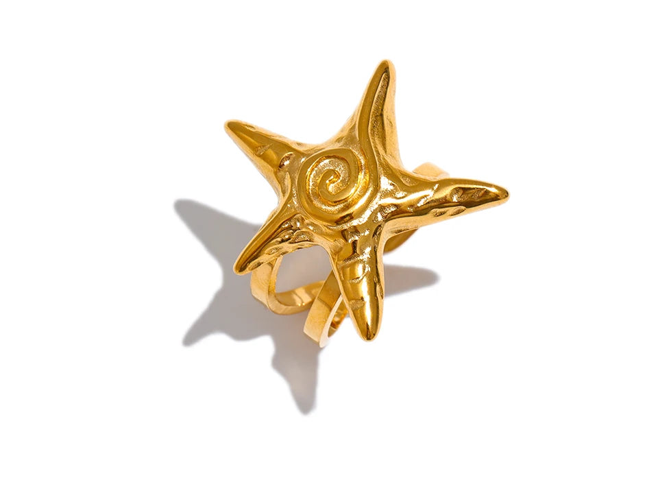 Yhpup 316L Stainless Steel Starfish Open Ring Adjustable 18K Gold PVD Plated Metal Summer Personalized Jewelry for Holiday