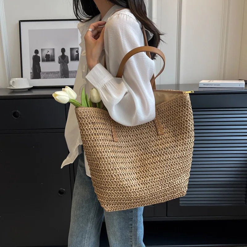 Sac de plage paille bohème été kaki femme - Maison Masy