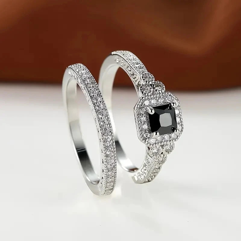 Huitan Princess White/Black Set Rings for Women 2Pcs Luxury Cubic Zircon Wedding Accessories Temperament Elegant Female Jewelry