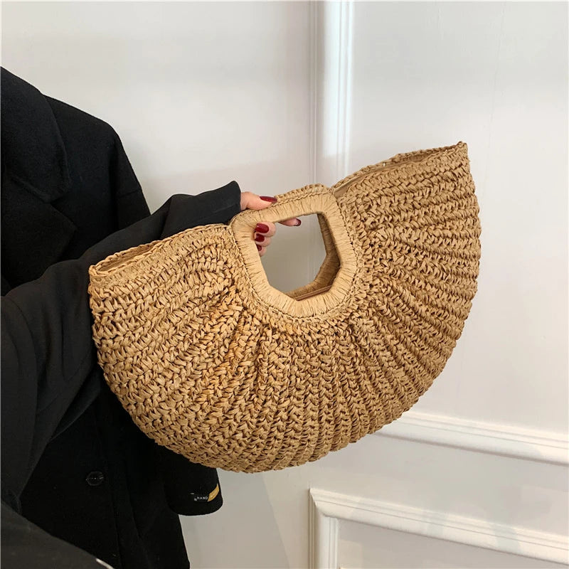 Sac de plage paille tressée beige bohème été - Maison Masy