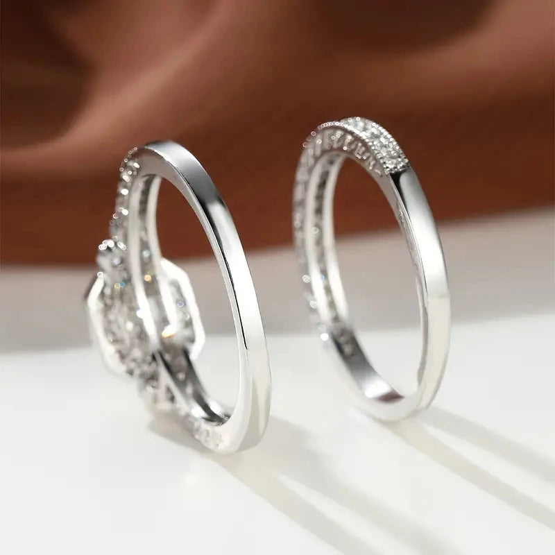 Huitan Princess White/Black Set Rings for Women 2Pcs Luxury Cubic Zircon Wedding Accessories Temperament Elegant Female Jewelry