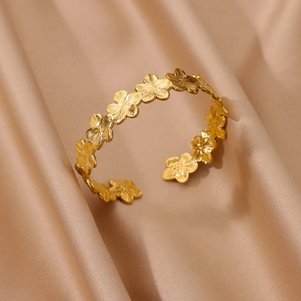Bracelet jonc fleur acier doré style 1 - Maison Masy
