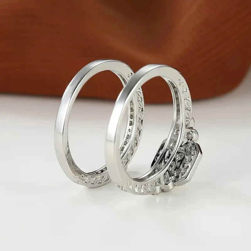 Huitan Princess White/Black Set Rings for Women 2Pcs Luxury Cubic Zircon Wedding Accessories Temperament Elegant Female Jewelry