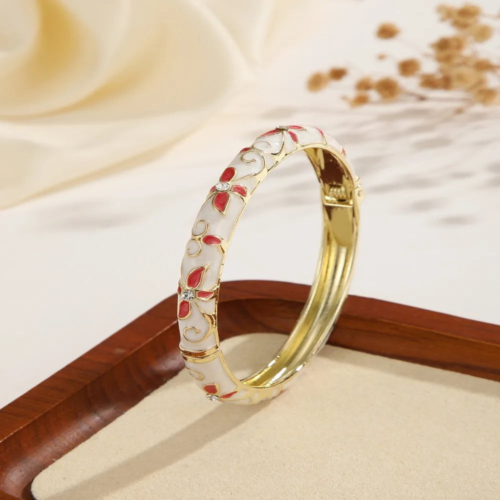 Encrusted Enamel Dropped Glaze Bangle Classic Hollowed-Out Cloisonne Bracelet Elegant Retro Enamel Bracelet Women Gifts
