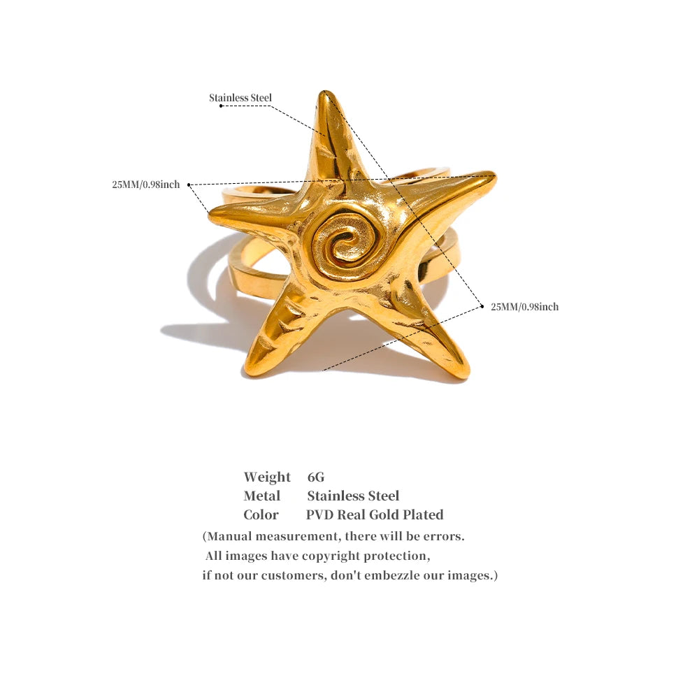 Yhpup 316L Stainless Steel Starfish Open Ring Adjustable 18K Gold PVD Plated Metal Summer Personalized Jewelry for Holiday