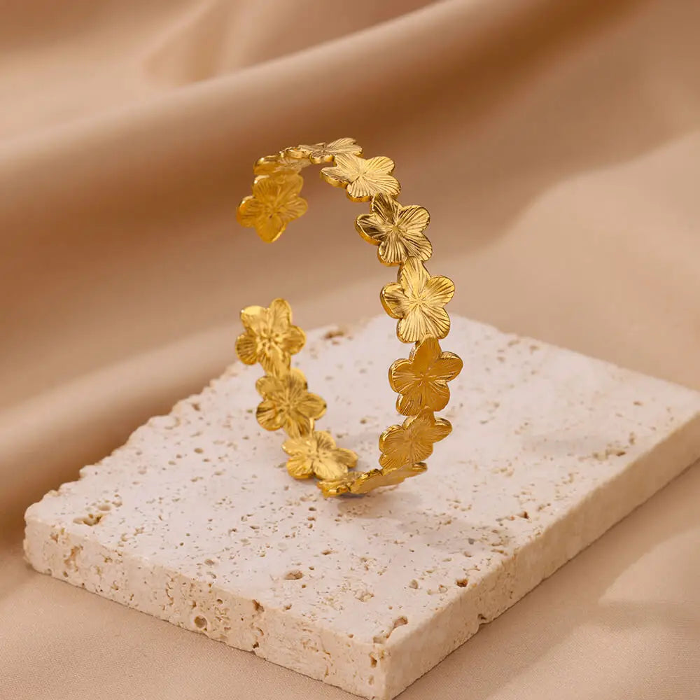 Bracelet Jonc Fleur Acier Doré
