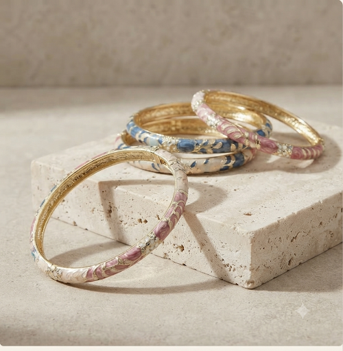 Bracelet Jonc Émail Cloisonné Vintage - Motif Floral | 12 Coloris